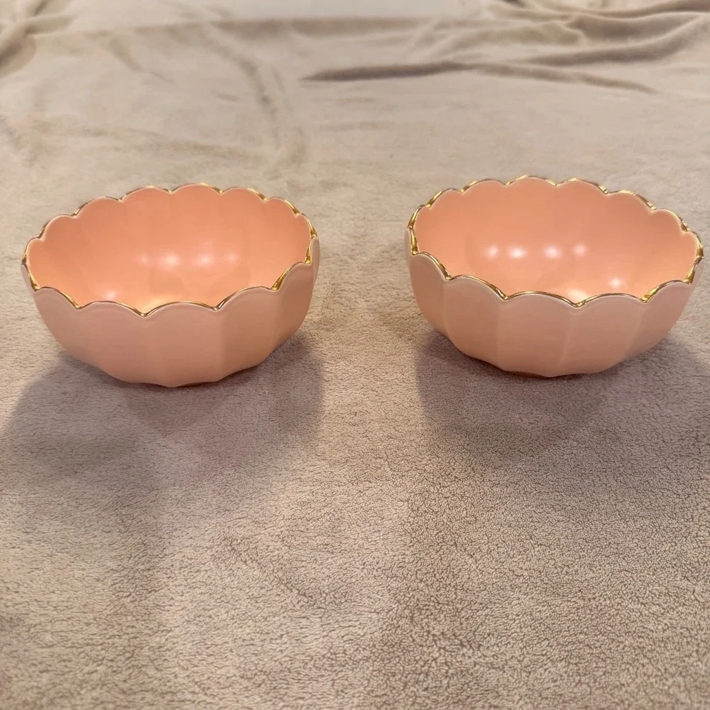 Parisian Pink Blush Scallop Ceramic Bowls Dish Gold Trim Coquette Glam Set of 2